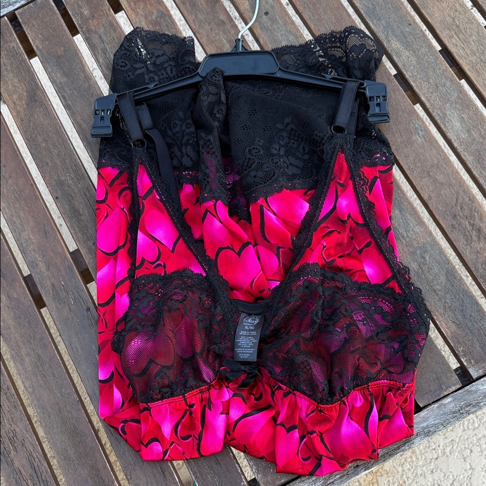 Smart & Sexy Pink Heart Chemise with Black Lace Trim XL / XG